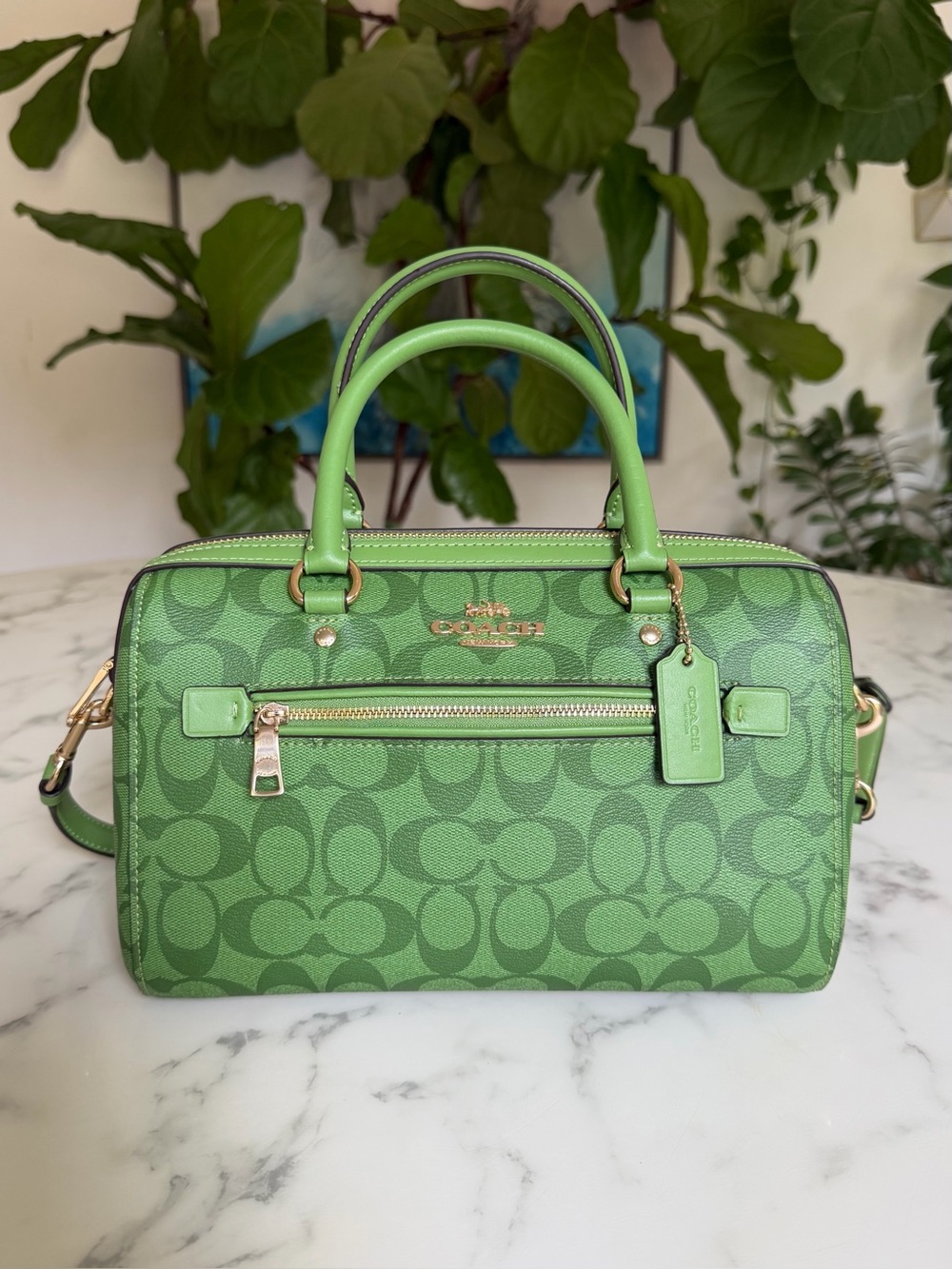 Coach Rowan Satchel In Signature Canvas Neon Green / Gold 83607 Crossbody